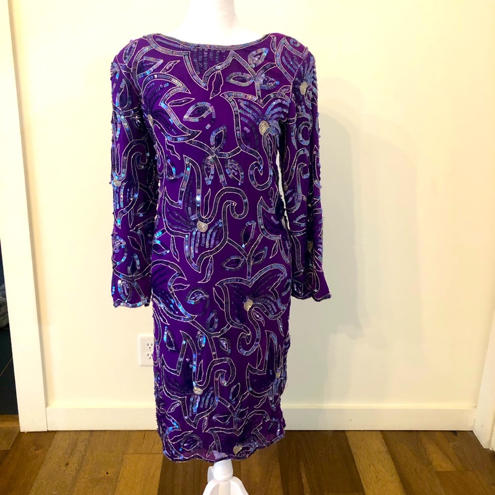 Vintage “Greg Adams” purple, long sleeved, sequin dress SILK